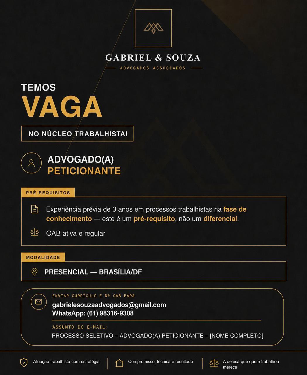 Card da vaga: Advogado(a) Trabalhista Peticionante — Gabriel e Souza Advogados Associados