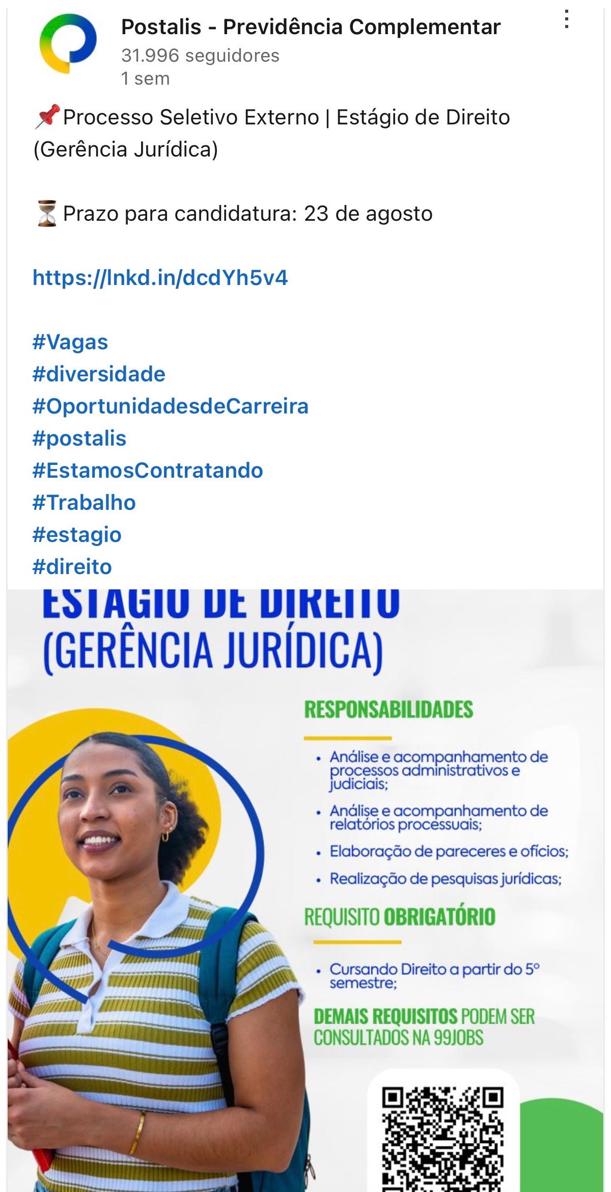 Card com os dados da vaga. As informações estão dentro da imagem.