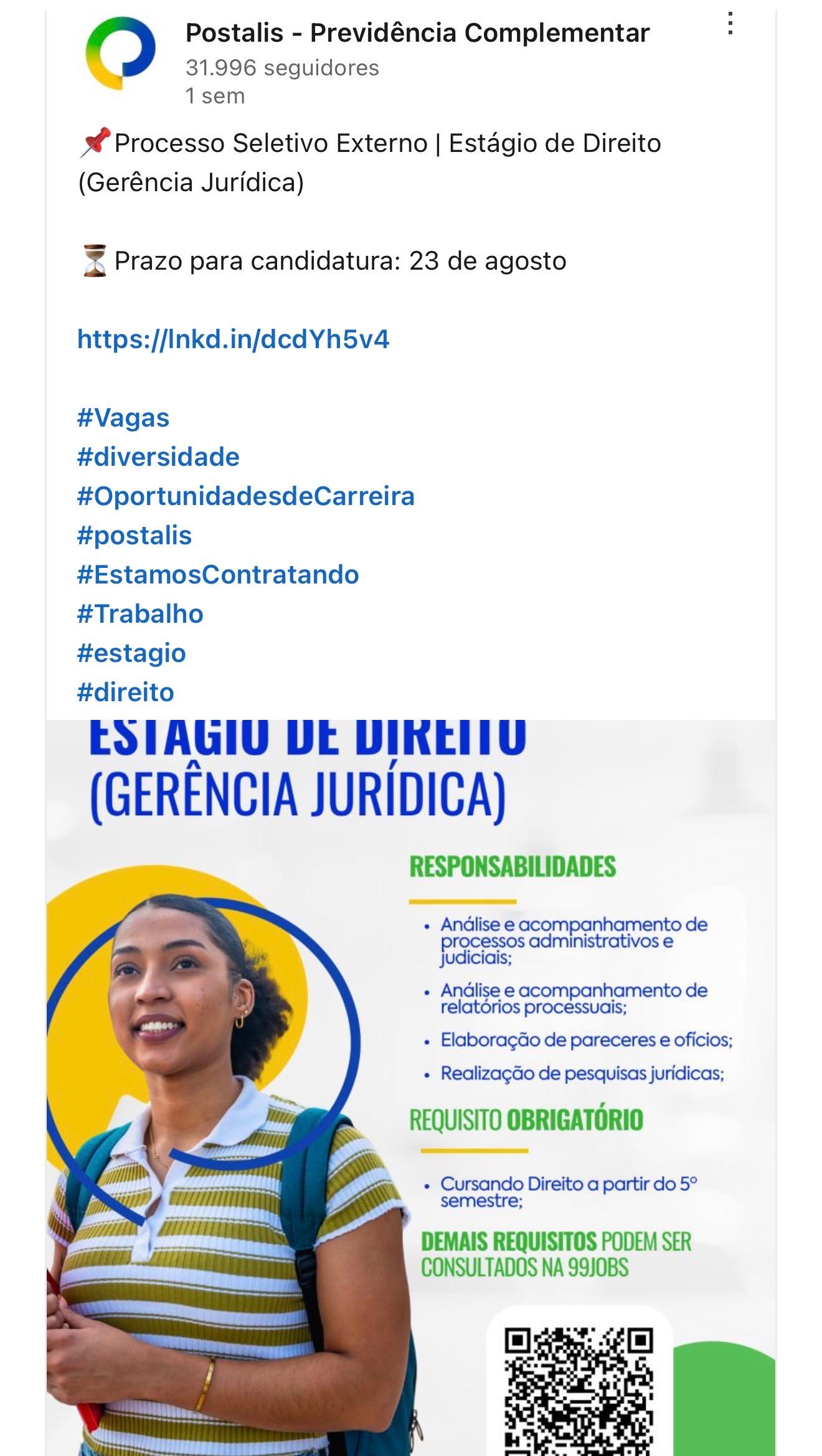Card com os dados da vaga. As informações estão dentro da imagem.